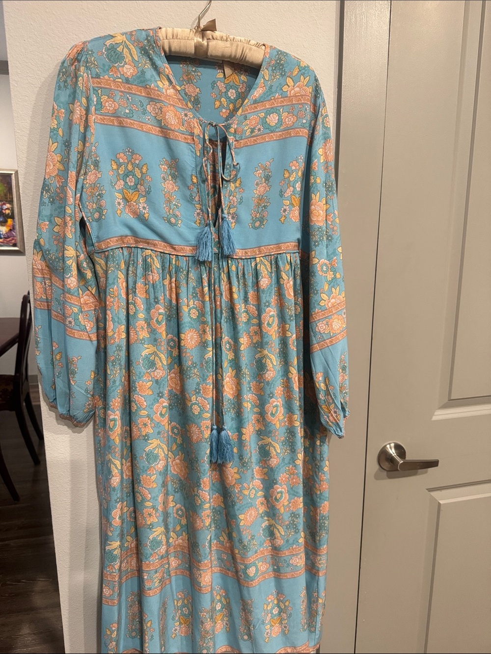 Blue Floral Tassel-Front Maxi Dress